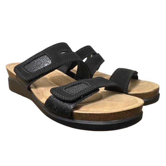 Clarks Calenne Maye Women's Black Leather Wedge Slide Sandals Two Straps Size 11 - Picture 5 of 14